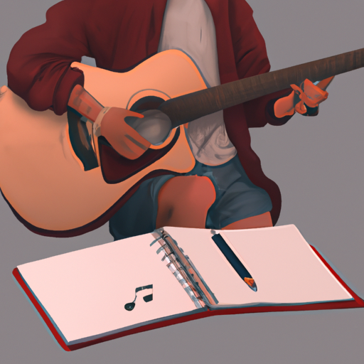 אדם אוחז בגיטרה וכותב מילים במחברת